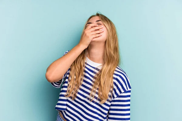 Young Caucasian Blonde Woman Isolated Blue Background Laughing Happy Carefree — Stock Photo, Image