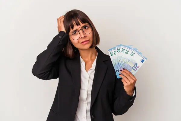 Jonge Gemengde Ras Zakenvrouw Met Een Bankbiljetten Geïsoleerd Witte Achtergrond — Stockfoto