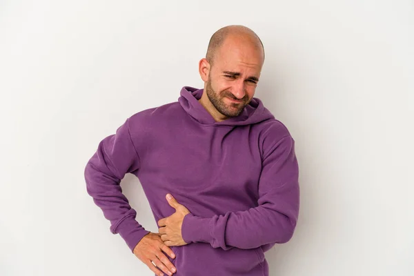 Jovem Careca Isolado Fundo Branco Com Dor Fígado Dor Estômago — Fotografia de Stock