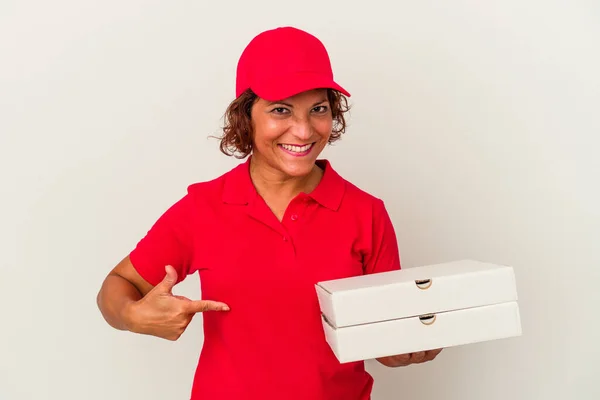 Middle Age Delivery Woman Taking Pizzas Isolated White Background Person — Stock Photo, Image