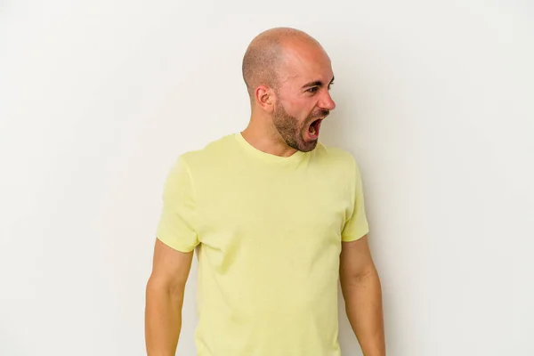 Young Bald Man Isolated White Background Shouting Very Angry Rage — Stock Photo, Image