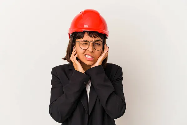 Young Architect Woman Red Helmet Isolated White Background Covering Ears — Stock Photo, Image