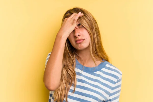 Young Caucasian Blonde Woman Isolated Yellow Background Having Head Ache — Stock Photo, Image