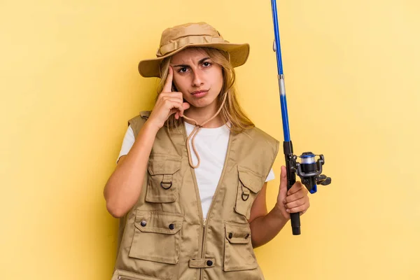 Young Caucasian Blonde Fisherwoman Holding Rod Isolated Yellow Background Pointing — Stock Photo, Image