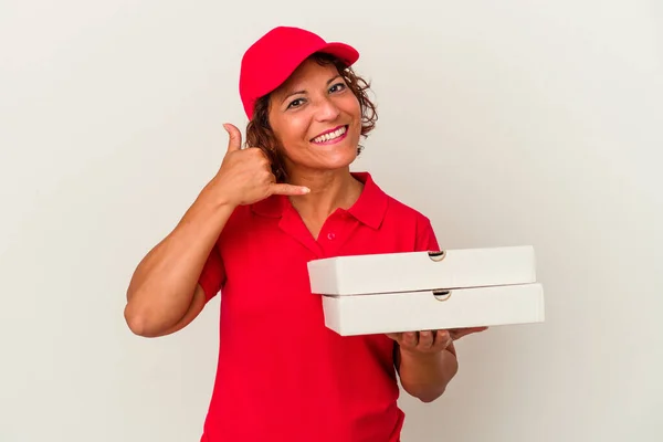 Middle Age Delivery Woman Taking Pizzas Isolated White Background Showing — ストック写真