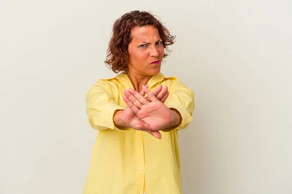 Middle Age Latin Woman Isolated White Background Doing Denial Gesture — ストック写真