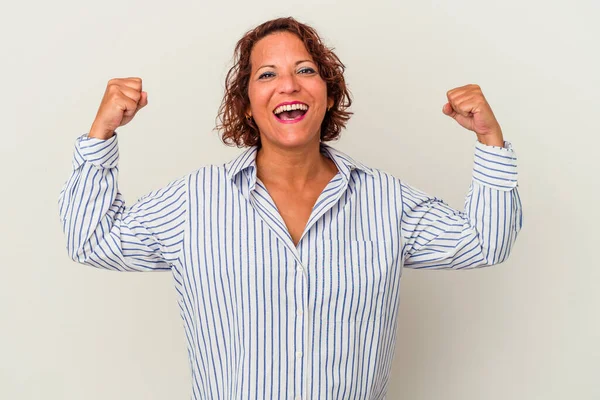 Middle Age Latin Woman Isolated White Background Cheering Carefree Excited — Stock Photo, Image