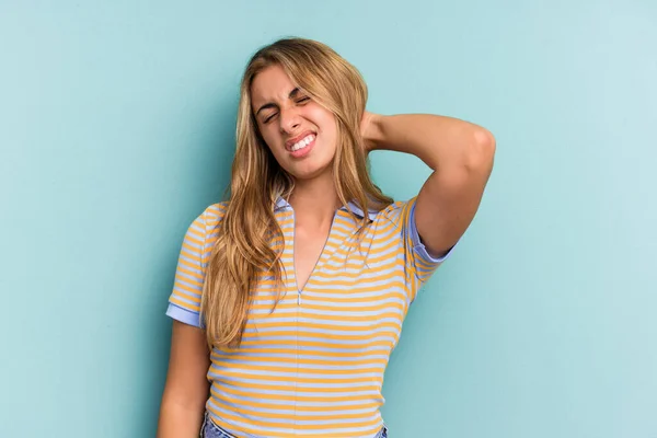 Young Caucasian Blonde Woman Isolated Blue Background Tired Very Sleepy — Stock Photo, Image