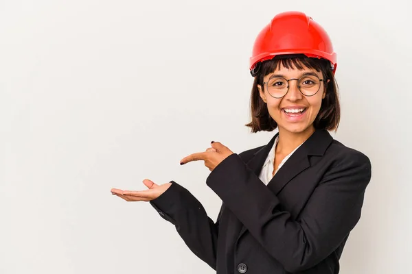 Young Architect Woman Red Helmet Isolated White Background Excited Holding — Stock Photo, Image