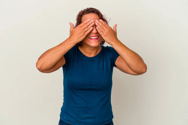 Middle Age Latin Woman Isolated White Background Afraid Covering Eyes — ストック写真