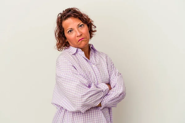 Middle Age Latin Woman Isolated White Background Tired Repetitive Task — ストック写真