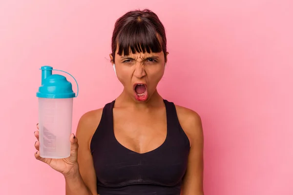 Young Mixed Race Woman Drinking Protein Shake Isolated Pink Background — Stock Photo, Image