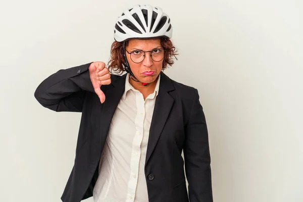Middle Age Latin Business Woman Wearing Bike Helmet Isolated White — Foto de Stock