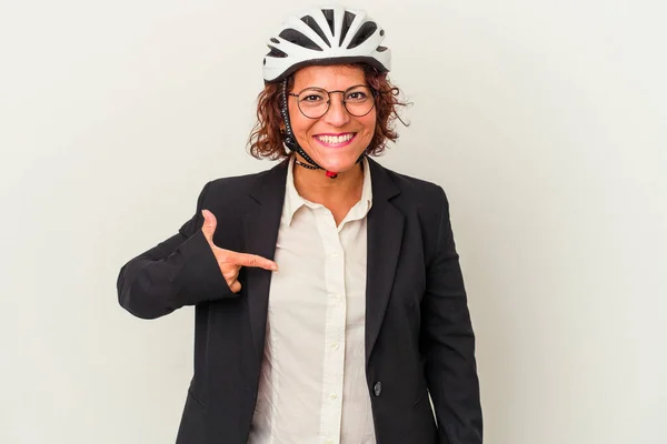 Middle Age Latin Business Woman Wearing Bike Helmet Isolated White — Photo