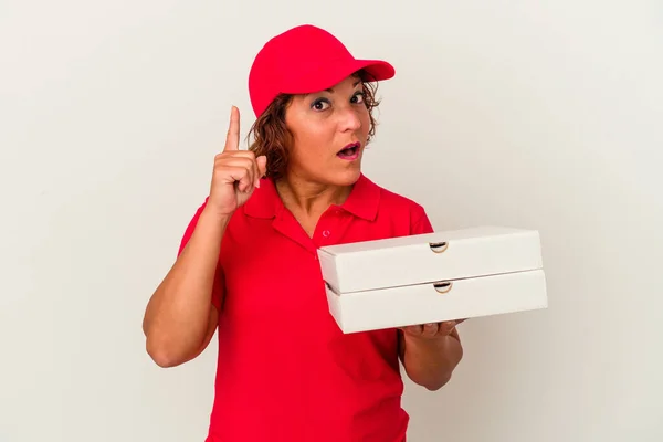 Middle Age Delivery Woman Taking Pizzas Isolated White Background Having — Foto de Stock