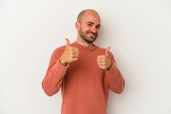 Young Bald Man Isolated White Background Raising Both Thumbs Smiling — Stock Photo, Image