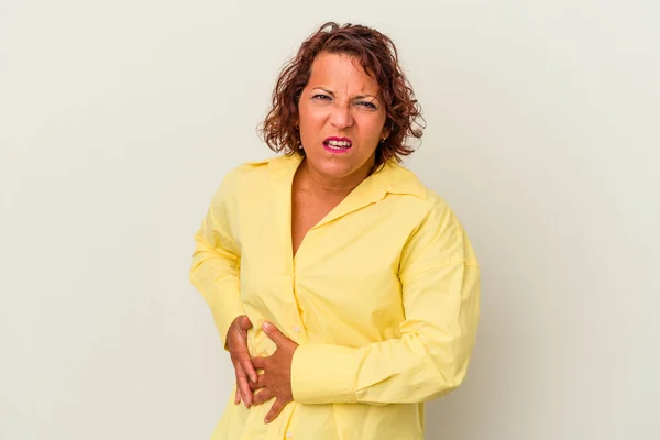 Middle Age Latin Woman Isolated White Background Having Liver Pain — Stock Photo, Image