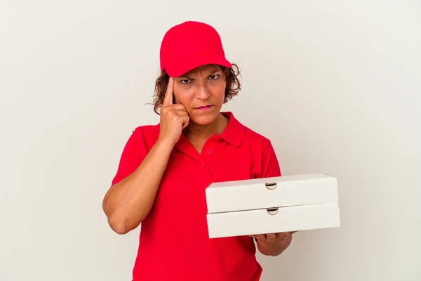 Middle Age Delivery Woman Taking Pizzas Isolated White Background Pointing — Stock Photo, Image
