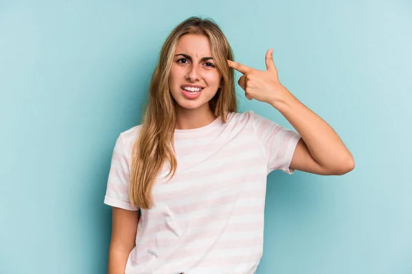 Young Caucasian Blonde Woman Isolated Blue Background Showing Disappointment Gesture — Stock Photo, Image