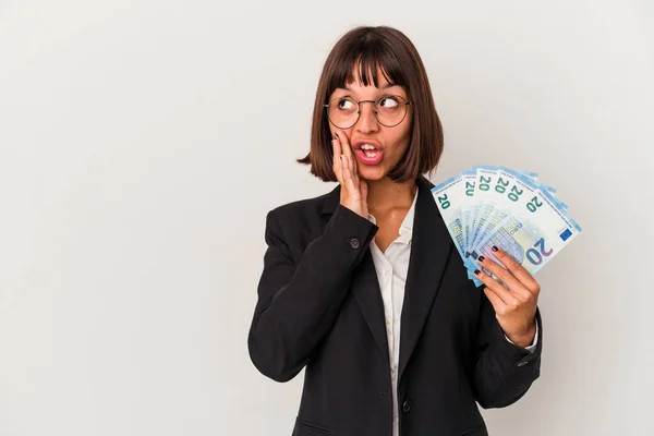 Young Mixed Race Business Woman Holding Banknotes Isolated White Background — Stock Photo, Image