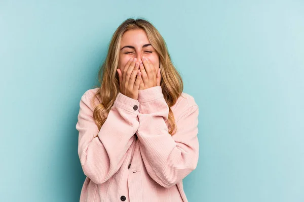 Young Caucasian Blonde Woman Isolated Blue Background Laughing Something Covering — Stock Photo, Image