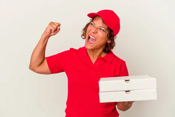 Middle Age Delivery Woman Taking Pizzas Isolated White Background Raising — Stock Photo, Image