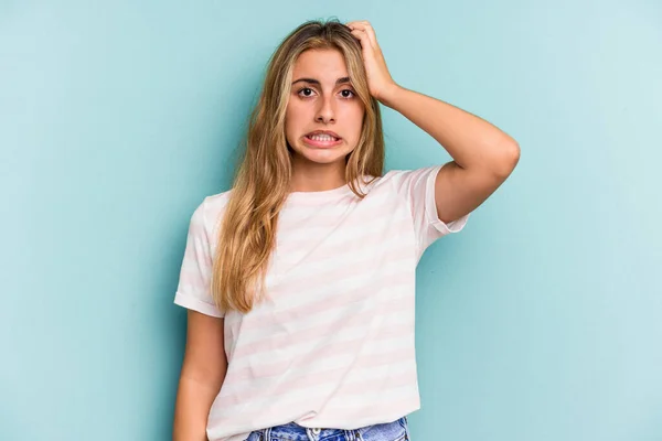 Young Caucasian Blonde Woman Isolated Blue Background Being Shocked She — Stock Photo, Image