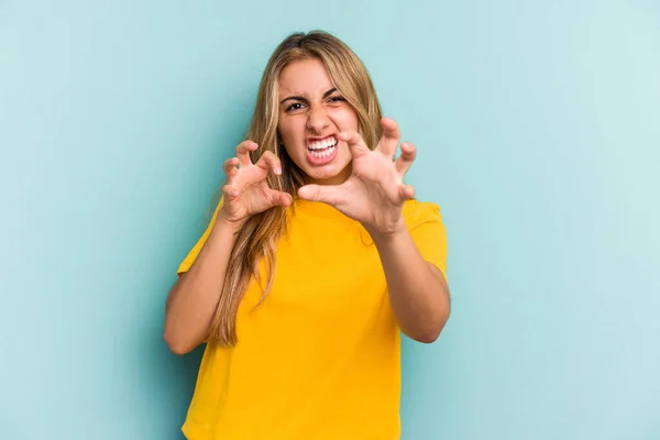 Young Caucasian Blonde Woman Isolated Blue Background Showing Claws Imitating — Stock Photo, Image