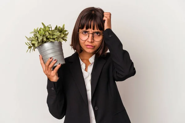 Joven Mujer Negocios Raza Mixta Sosteniendo Una Planta Aislada Sobre —  Fotos de Stock