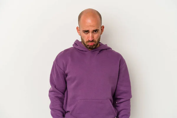 Young Bald Man Isolated White Background Sad Serious Face Feeling — Stock Photo, Image
