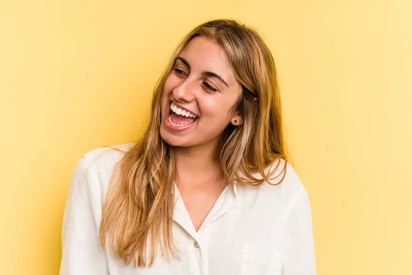 Young Caucasian Blonde Woman Isolated Yellow Background Laughs Closes Eyes — Stock Photo, Image