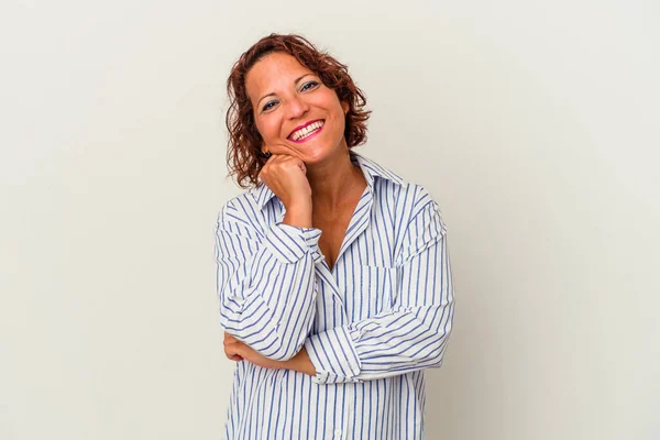 Donna Latina Mezza Età Isolata Sfondo Bianco Sorridente Felice Fiducioso — Foto Stock