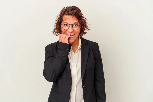 Middle Age Latin Business Woman Isolated White Background Biting Fingernails — Foto de Stock