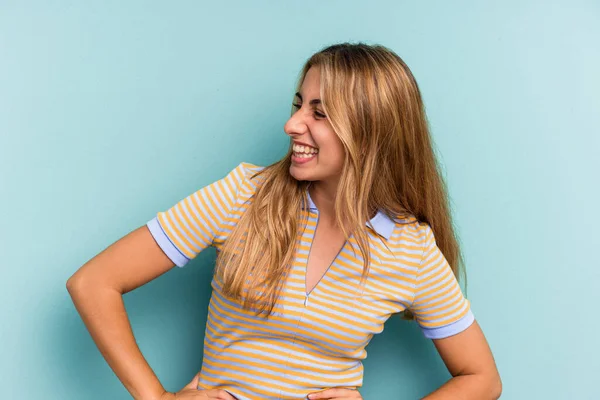 Young Caucasian Blonde Woman Isolated Blue Background Laughs Happily Has — Stock Photo, Image