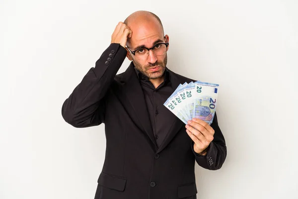 Young Business Bald Man Holding Bills Isolated White Background Being — Stock Photo, Image