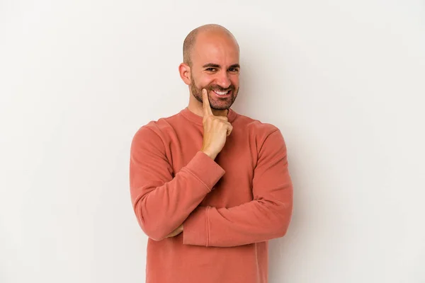 Young Bald Man Isolated White Background Smiling Happy Confident Touching — Stock Photo, Image