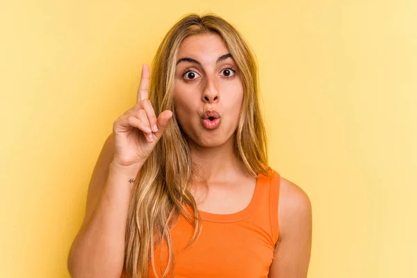 Young Caucasian Blonde Woman Isolated Yellow Background Having Some Great — Stock Photo, Image