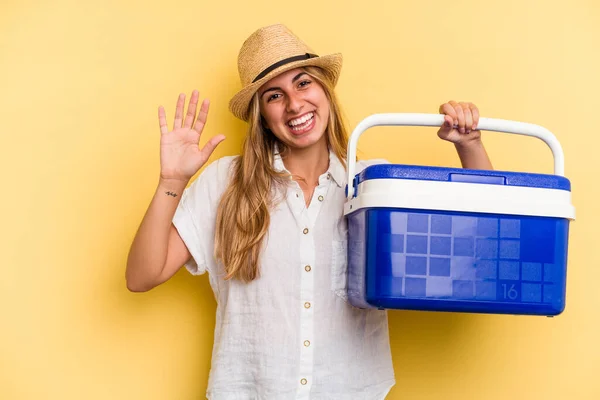 Young Caucasian Woman Holding Refrigerator Isolated Yellow Background Smiling Cheerful — Stock Photo, Image