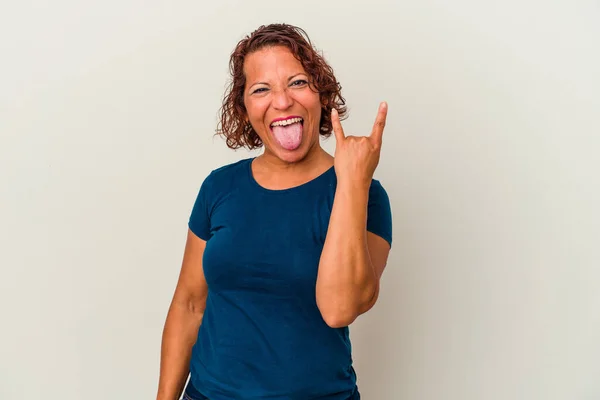 Middle Age Latin Woman Isolated White Background Showing Rock Gesture —  Fotos de Stock