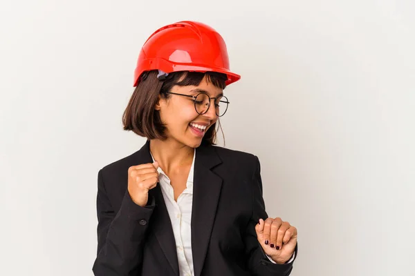 Young Architect Woman Red Helmet Isolated White Background Dancing Having — Stock Photo, Image