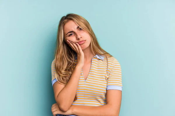 Young Caucasian Blonde Woman Isolated Blue Background Tired Repetitive Task — Stock Photo, Image