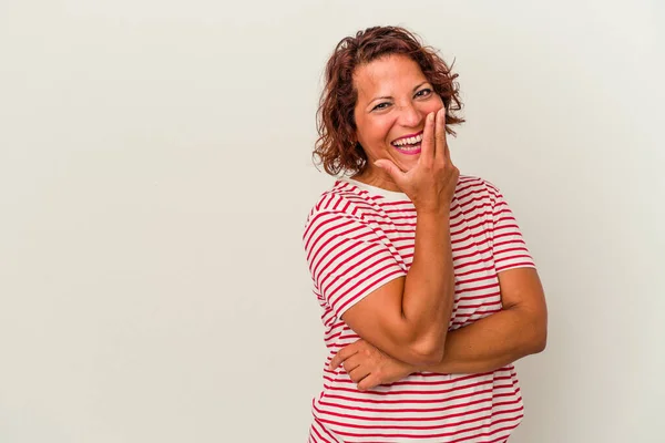 Middle Age Latin Woman Isolated White Background Laughing Happy Carefree — ストック写真