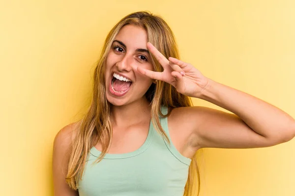 Young Caucasian Blonde Woman Isolated Yellow Background Dancing Having Fun — Stock Photo, Image