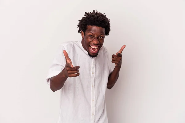Young African American Man Isolated White Background Cheerful Smiles Pointing — Stock Photo, Image
