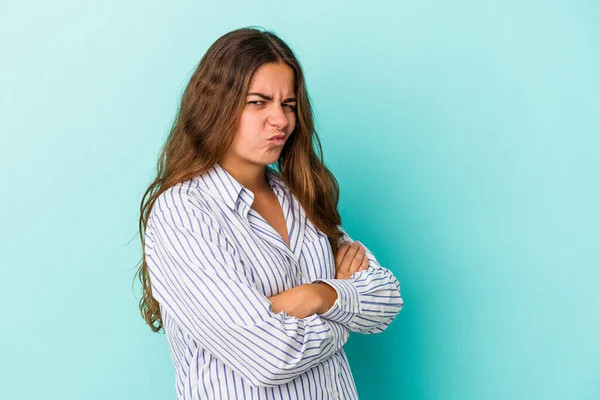 Young Caucasian Woman Isolated Blue Background Frowning Face Displeasure Keeps — Stock Photo, Image