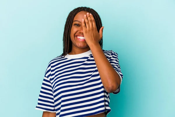 Young African American Woman Isolated Blue Background Having Fun Covering — Stock Photo, Image