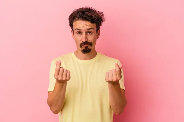 Jonge Blanke Man Geïsoleerd Roze Achtergrond Waaruit Blijkt Dat Geen — Stockfoto