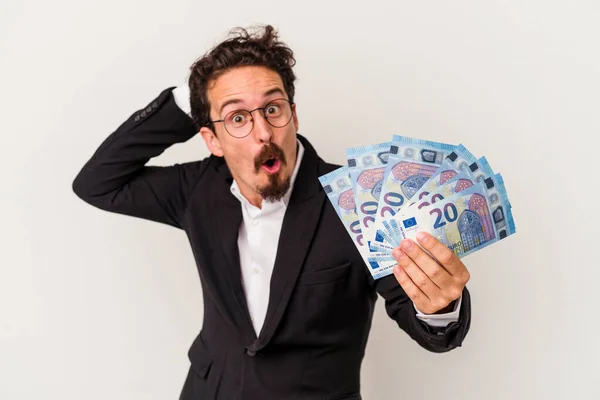 Young Caucasian Man Holding Banknotes Isolated Pink Background — Stock Photo, Image