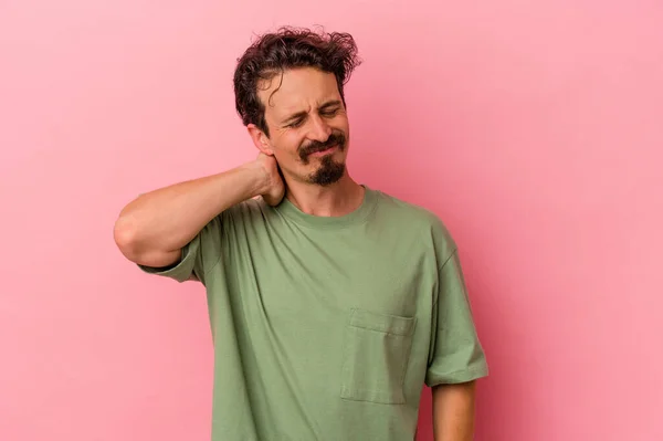 Young Caucasian Man Isolated Pink Background Having Neck Pain Due — Stock Photo, Image