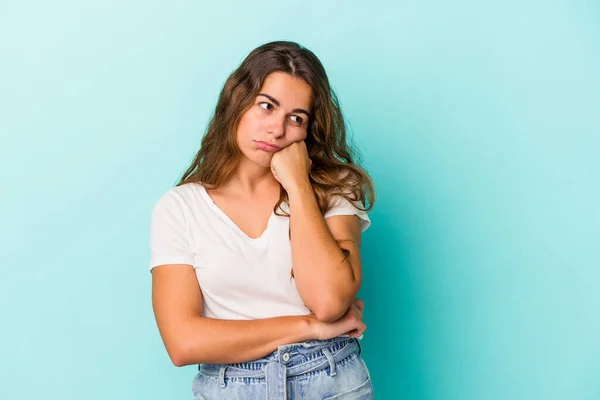 Young Caucasian Woman Isolated Blue Background Who Feels Sad Pensive — Stock Photo, Image